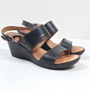 Born Black Leather Slingback Sandals Wedge Heels Shoes Size 8